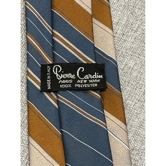 Vintage 70’s PIERRE CARDIN Brown/Blue Stripe/Embroidered Logo 100% Polyester Tie - Picture 2 of 4